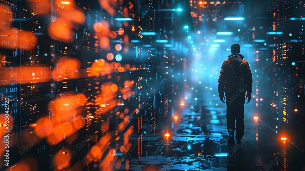 Fototapeta premium A man standing in advance server room, Futuristic Technology Visualization