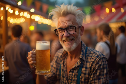 portrait of a blonde smiling old man holding a mug of beer at the Oktoberfest