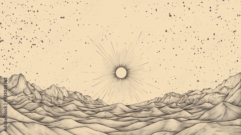 Obraz premium Biblical Illustration of Psalms 19: A Vast Sky Filled with Stars and a Radiant Sun Rising, Symbolizing the Heavens Declaring the Glory of God on Beige Background