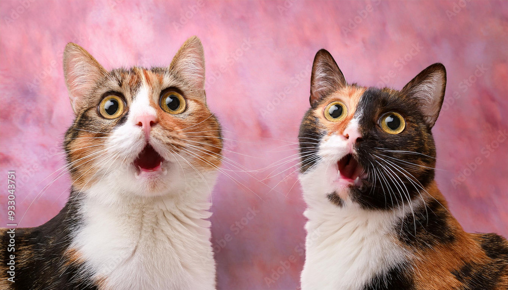 三毛猫が2匹、揃ってビックリ！驚いた！