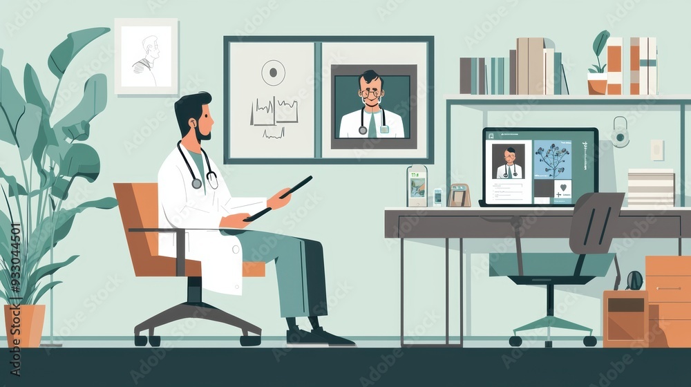 A remote medical consultation where a doctor in a high-tech office is diagnosing a patient through a video call on a tablet. The patient is comfortably seated at home, showcasing how telemedicine A remote medical consultation where a doctor in a high-tech office is diagnosing a patient through a video call on a tablet. The patient is comfortably seated at home, showcasing how telemedicine