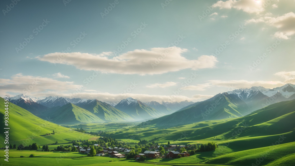 Obraz premium This image shows a valley with a village nestled between green hills and snow-capped mountains under a blue sky with white clouds.