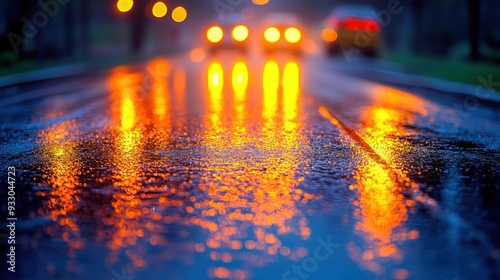 Blurred Headlights Reflecting on a Wet Road at Night, Creating Bright Orange and Yellow Reflections on a Rainy Street Surface for a Dramatic and Colorful Urban Atmosphere photo