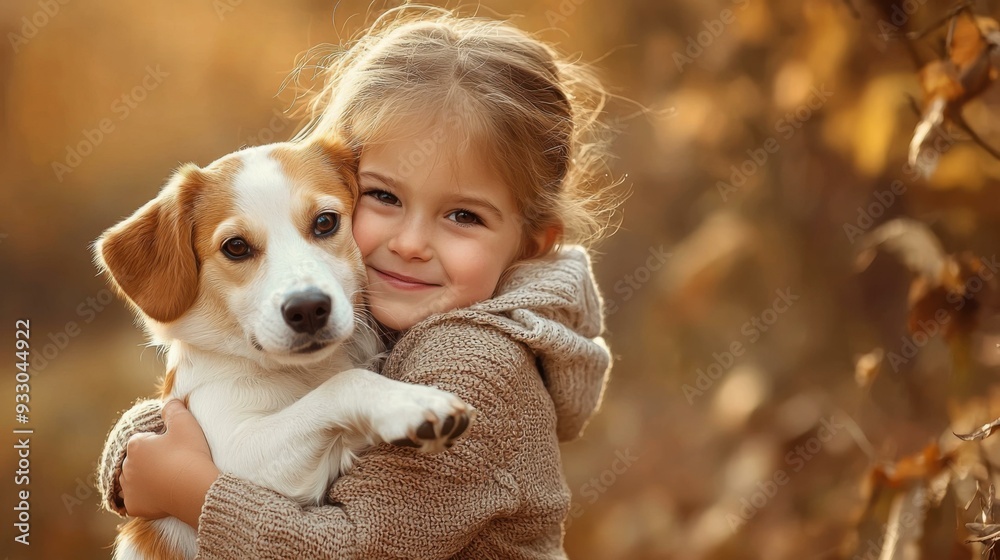 A Little Girl And Her Dog Share A Warm Embrace In Autumn A Little Girl And Her Dog Share A Warm Embrace In Autumn