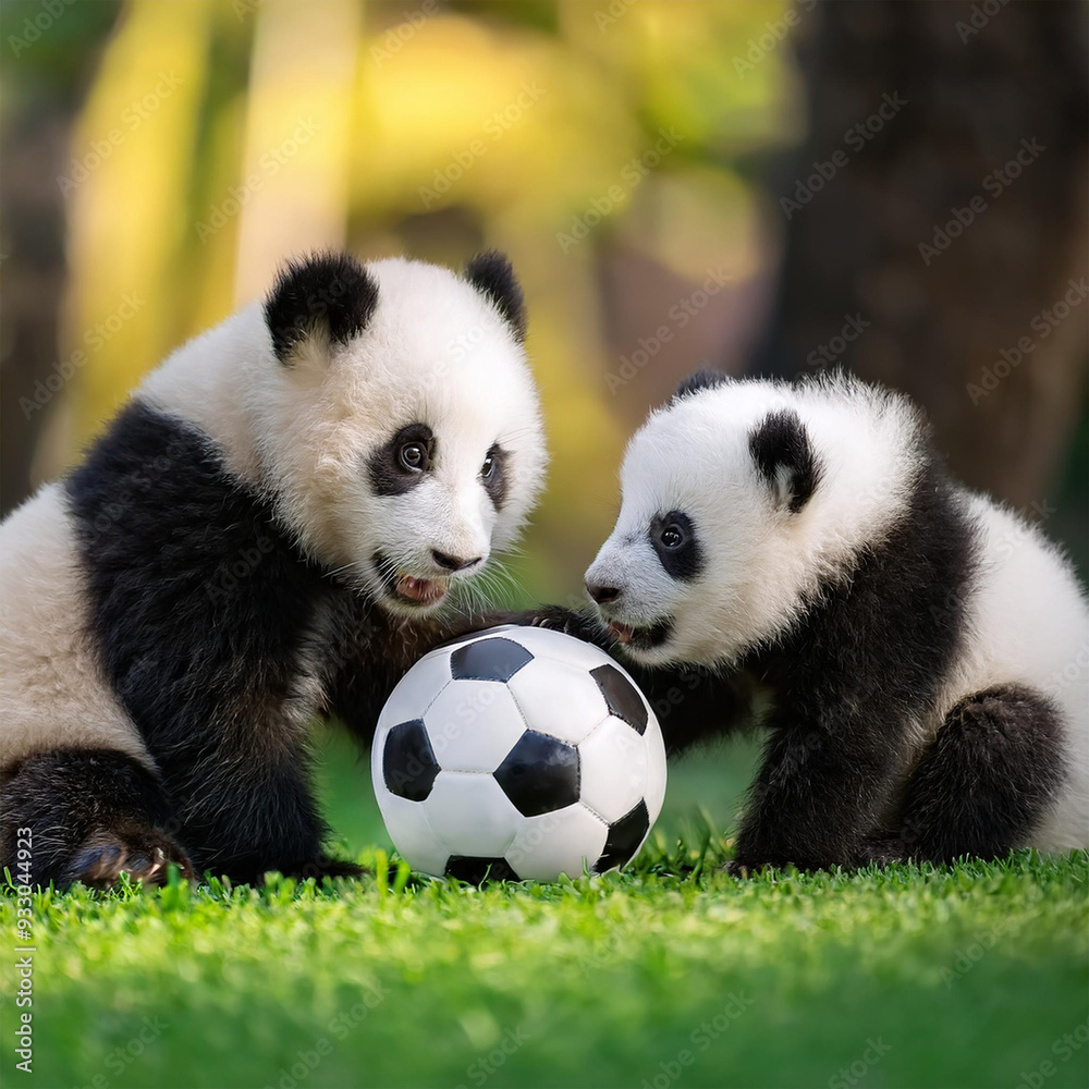 Naklejka premium サッカーボールに夢中になっているパンダの親子