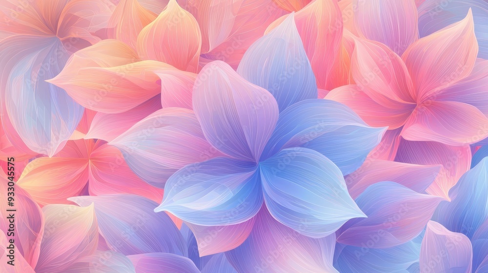 A vibrant floral background featuring soft pastel petals in pink, blue, and purple hues, perfect for a serene atmosphere.