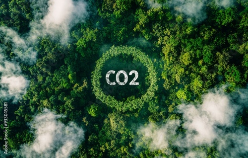 Aerial view of dense green forest with CO2 written in the center, highlighting carbon emissions and environmental impact