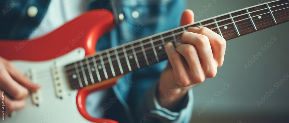 Closeup of a hand playing a red electric guitar. Closeup of a hand playing a red electric guitar.