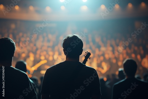 Silhouettes of musicians on stage facing a large crowd of people.