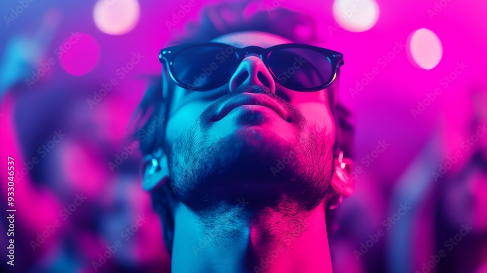 Young man in sunglasses looking up at the lights at a music festival. Young man in sunglasses looking up at the lights at a music festival.