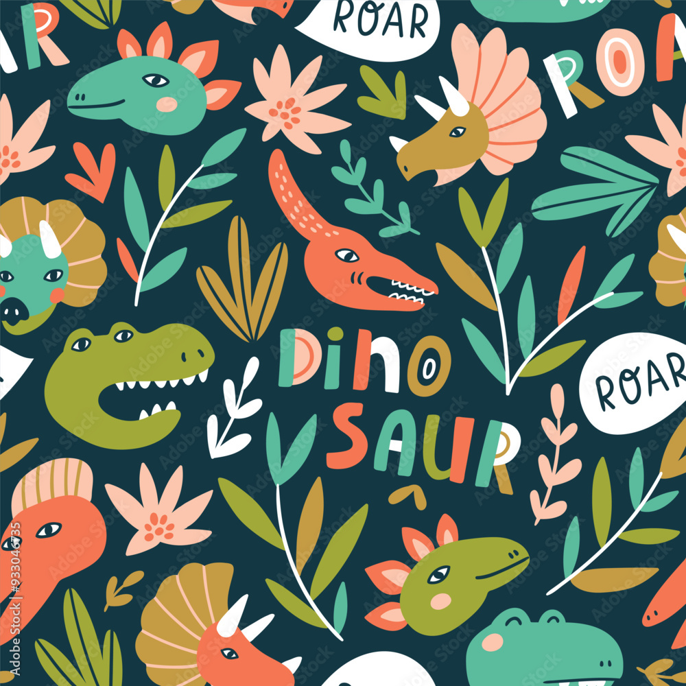 Obraz premium Hand drawn seamless pattern with dinosaurs and tropical leaves and lettering. Perfect for kids fabric, textile, nursery wallpaper. Cute baby dino design. Vector illustration.