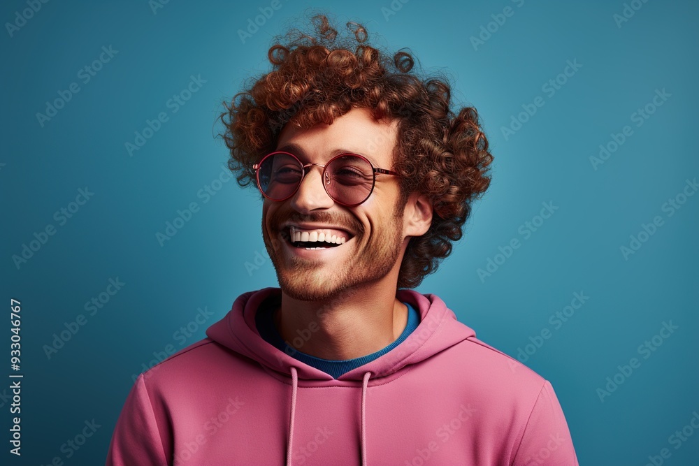 smiling handsome young man with ginger curly hair with glasses wearing pink hoodie on blue background smiling handsome young man with ginger curly hair with glasses wearing pink hoodie on blue background