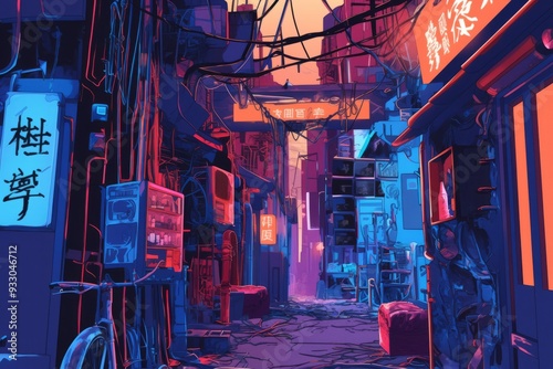 Vibrant neon signs illuminating the walls of a quiet, empty alley. Cozy vibe, Generative AI photo