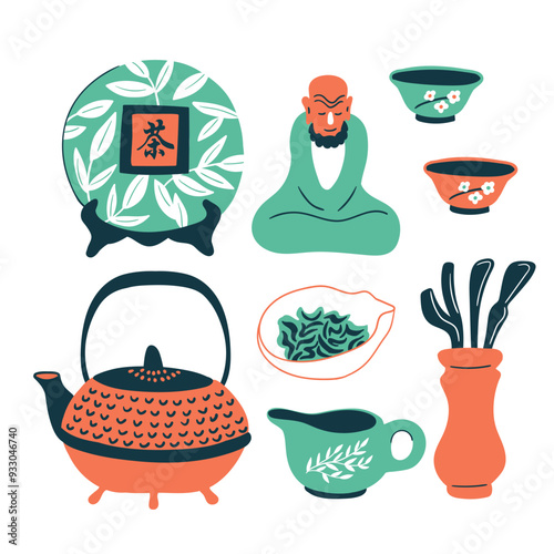 Chinese tea ceremony collection in Flat trendy hand drawn style. Set of various tea equipment for gong fu cha. Isolated on white background. Teapot and cups