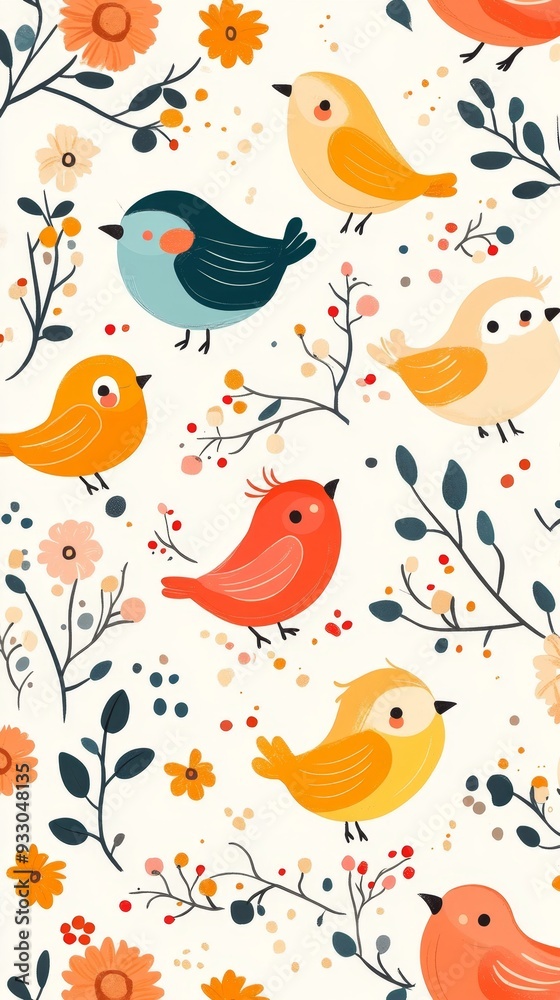 Whimsical Children's Seamless Pattern with Birds and Flowers: Colorful Cartoon Design for Wrapping Paper, Greeting Cards, and Invitations. Playful Floral and Avian Motifs Perfect for Kids' Room Decor, Whimsical Children's Seamless Pattern with Birds and Flowers: Colorful Cartoon Design for Wrapping Paper, Greeting Cards, and Invitations. Playful Floral and Avian Motifs Perfect for Kids' Room Decor,