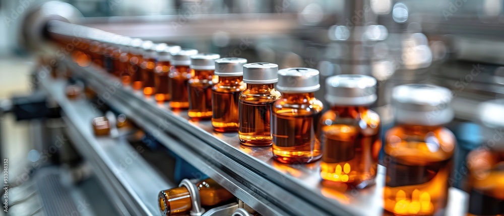 Vials of liquid medication in production line, pharmaceutical manufacturing Vials of liquid medication in production line, pharmaceutical manufacturing