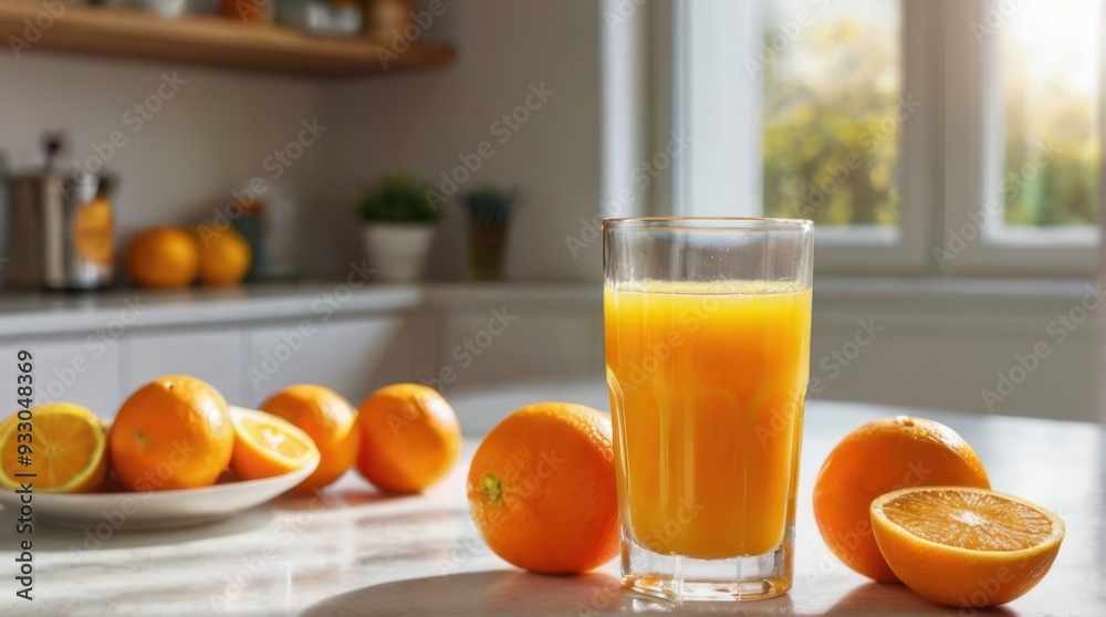 Freshly squeezed orange juice in a glass on the table in the kitchen, soft drink with vitamin C, vegetarianism, orange juice for breakfast, healthy lifestyle, Freshly squeezed orange juice in a glass on the table in the kitchen, soft drink with vitamin C, vegetarianism, orange juice for breakfast, healthy lifestyle,