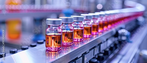 Vials of liquid medication in production line, pharmaceutical manufacturing