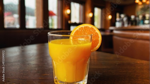 Freshly squeezed orange juice in a glass on a bar counter in a restaurant. soft drink with vitamin C, vegetarianism, orange juice, healthy lifestyle,