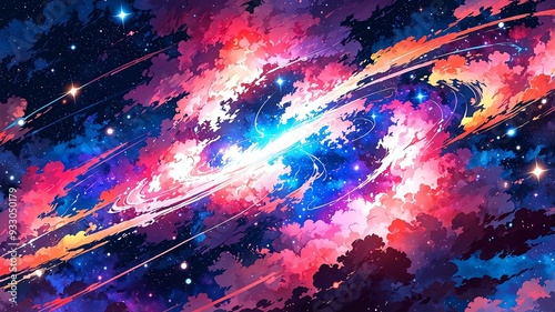 High contrast anime breathtaking pink cosmic nebula swirling with vibrant background
