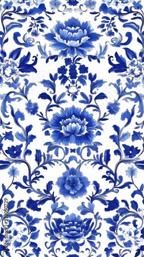 Elegant Delft Blue Seamless Pattern: Traditional Dutch Hand-Drawn Floral Design for Packaging, Invitations, and Home Decor. Timeless Blue and White Motifs Inspired by Cultural Heritage, Perfect for Gr