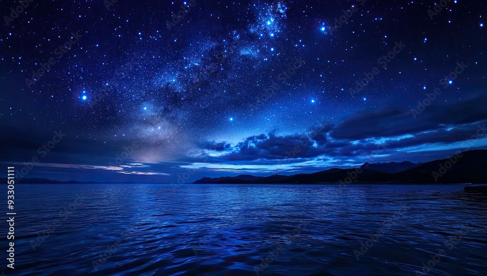 Dark blue sky with stars over calm sea. Dark blue sky with stars over calm sea.