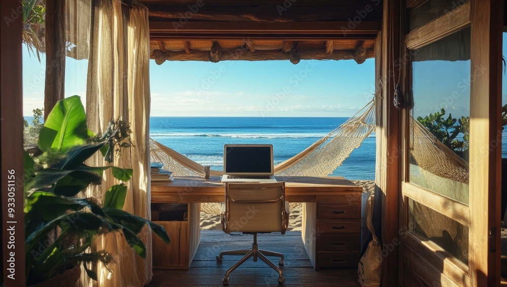Beachfront workspace with laptop and hammock. Beachfront workspace with laptop and hammock.