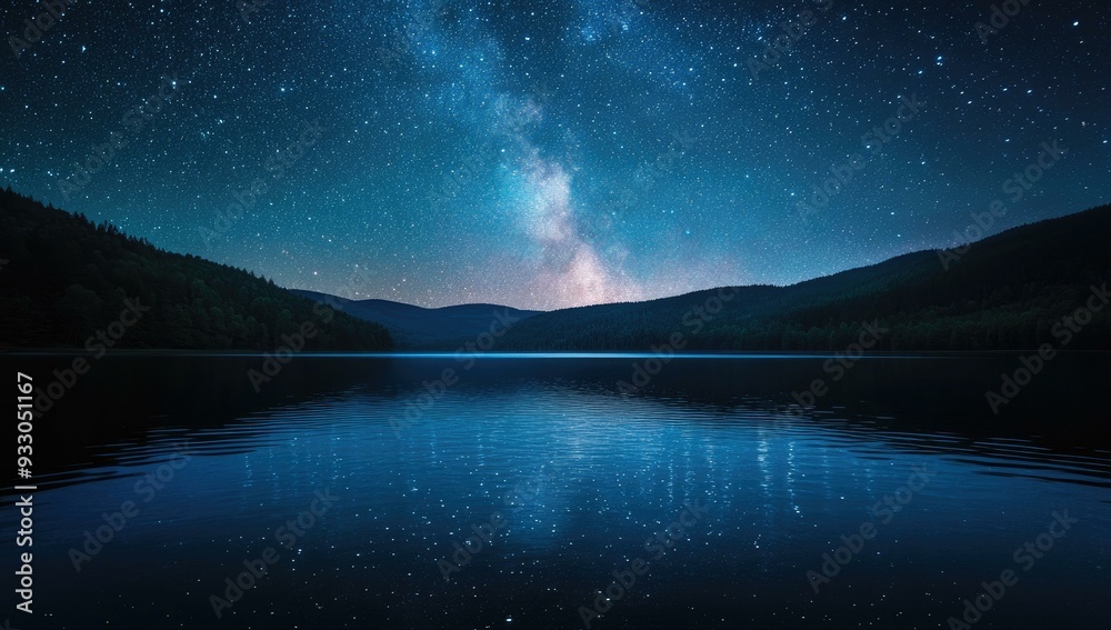 Starry night reflecting on calm lake.