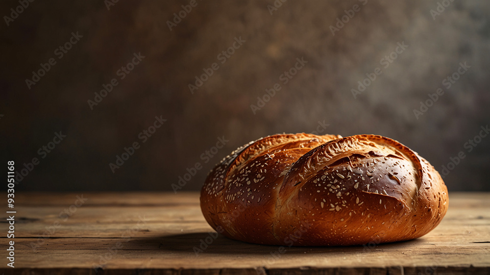 A beautifully crusted single round loaf of bread stands alone on a rustic wooden table, inviting and serene. A beautifully crusted single round loaf of bread stands alone on a rustic wooden table, inviting and serene.