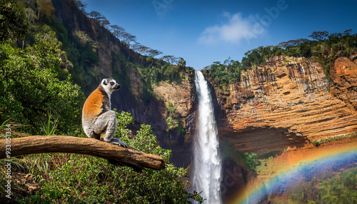 アフリカの大きな滝とアカエリマキキツネと美しい虹の風景