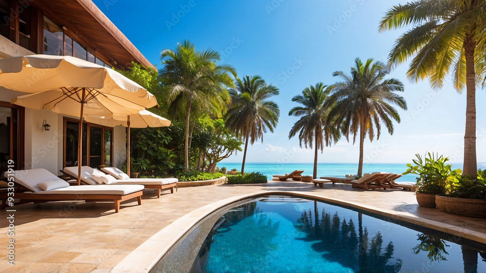 Fototapeta premium A luxurious oceanside villa features a sleek swimming pool surrounded by deck chairs, umbrellas, and palm trees.