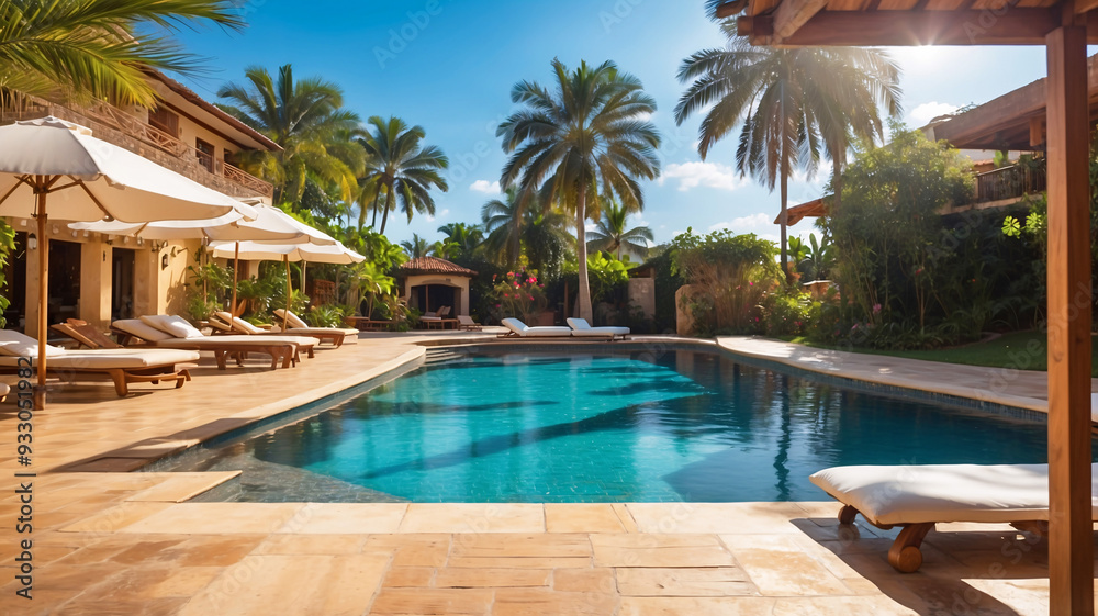 A serene pool in a tropical resort with shaded lounge chairs, making it perfect for a relaxing getaway under the sun. A serene pool in a tropical resort with shaded lounge chairs, making it perfect for a relaxing getaway under the sun.