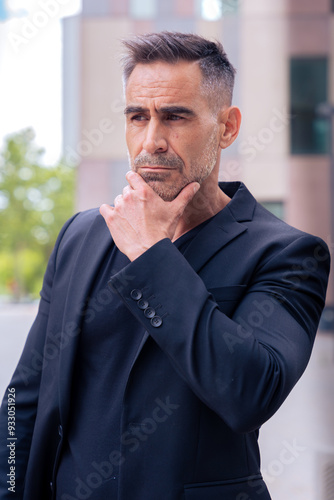 Vertical portrait of thoughtful businessman outdoors.