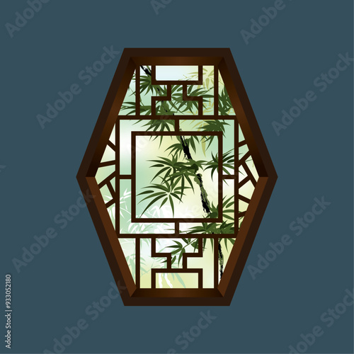 Bamboos, view from an elegant traditional Chinese style window. Vector. With various kinds of window frames and shapes.