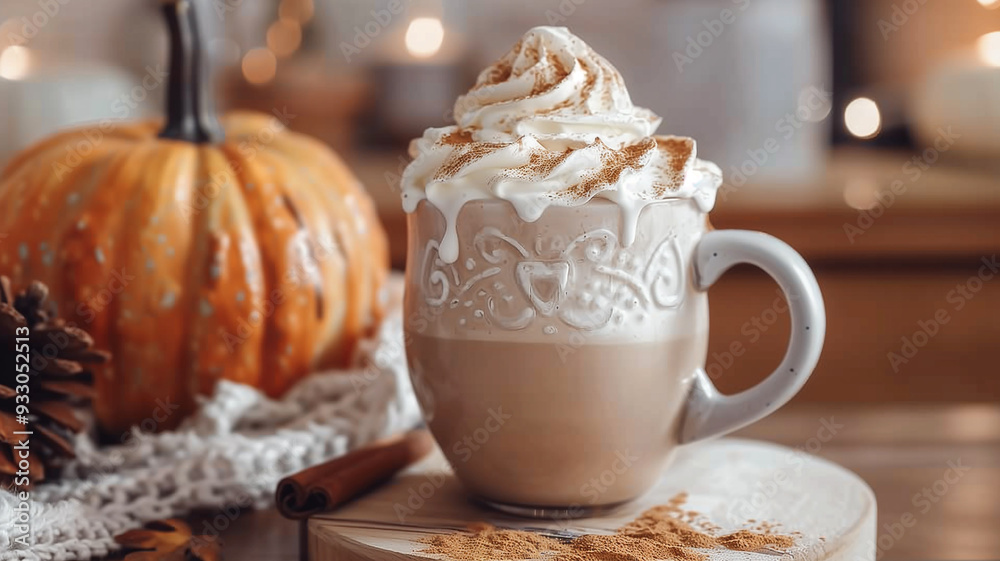 Delicious pumpkin spice latte topped with whipped cream, nestled in a room adorned with autumnal decorations. Ideal for autumn vibes and cozy moments.
