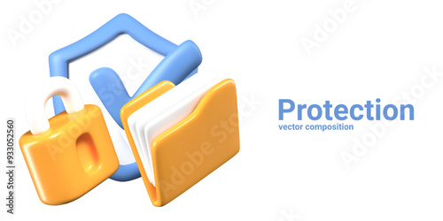 Database protection concept in 3D cartoon style. Folder with documents, lock, shield with checkmark