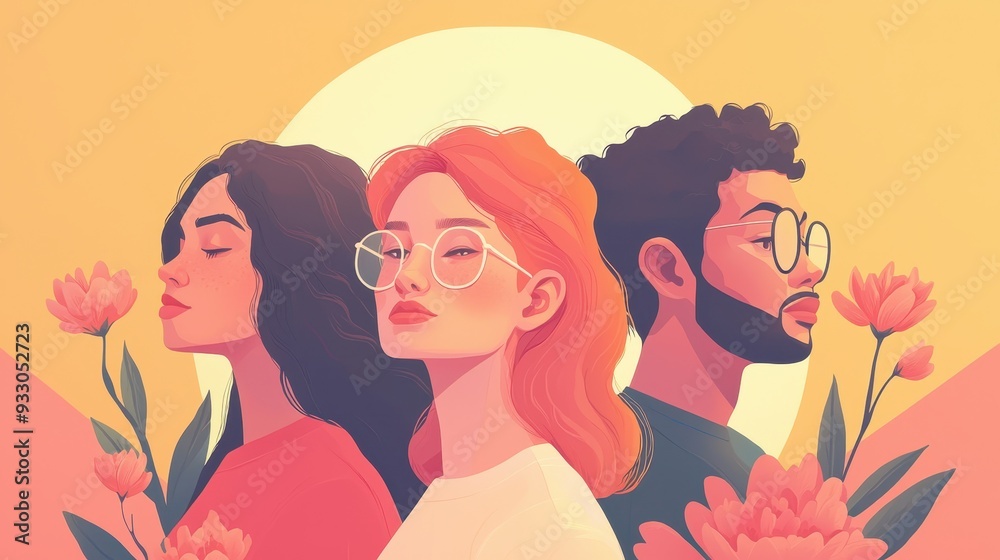 Stylish illustration of three diverse individuals surrounded by flowers, symbolizing unity and artistic expression. Stylish illustration of three diverse individuals surrounded by flowers, symbolizing unity and artistic expression.