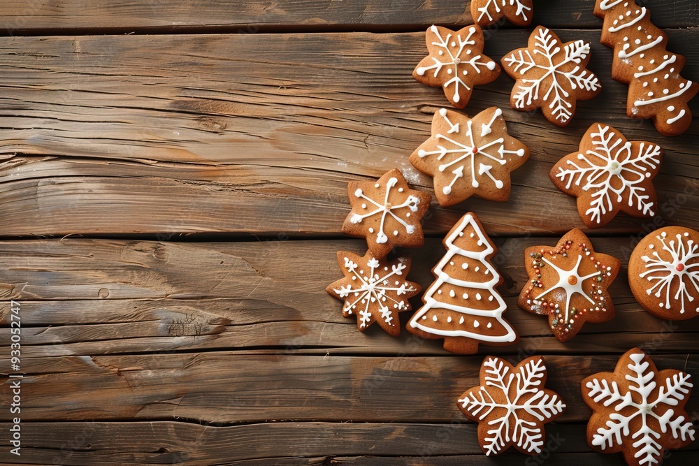 top view template border frame of tasty sweet Christmas cookies on wooden background with copy space