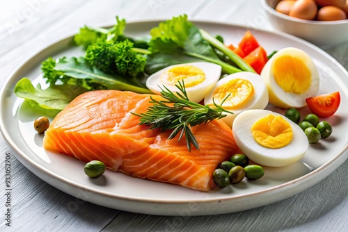 vibrant macro shot of colorful protein-rich foods like salmon and eggs on a plate against a minimalist white background