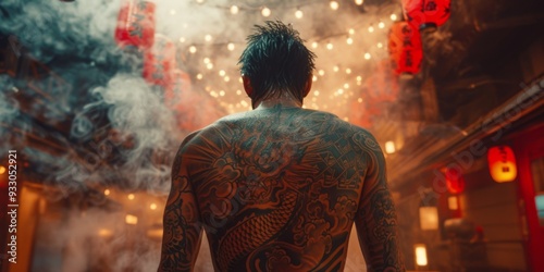 Tattooed man stands in smoke filled room with red lanterns, showcasing intricate body art featuring dragon and flowers, symbolizing mythical atmosphere of Yakuza crime syndicate photo