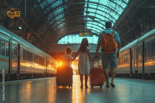 Happy young family with luggage at train station, excitedly embarking on vacation together