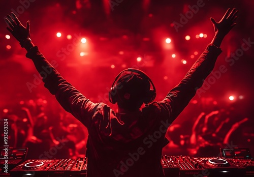 An Excited DJ with his arms raised in front of the crowd at night club, red lights, stage and dj equipment