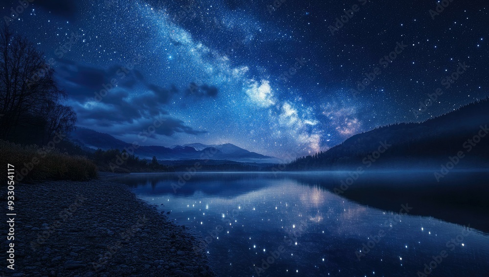 Milky Way reflected in still lake water. Milky Way reflected in still lake water.