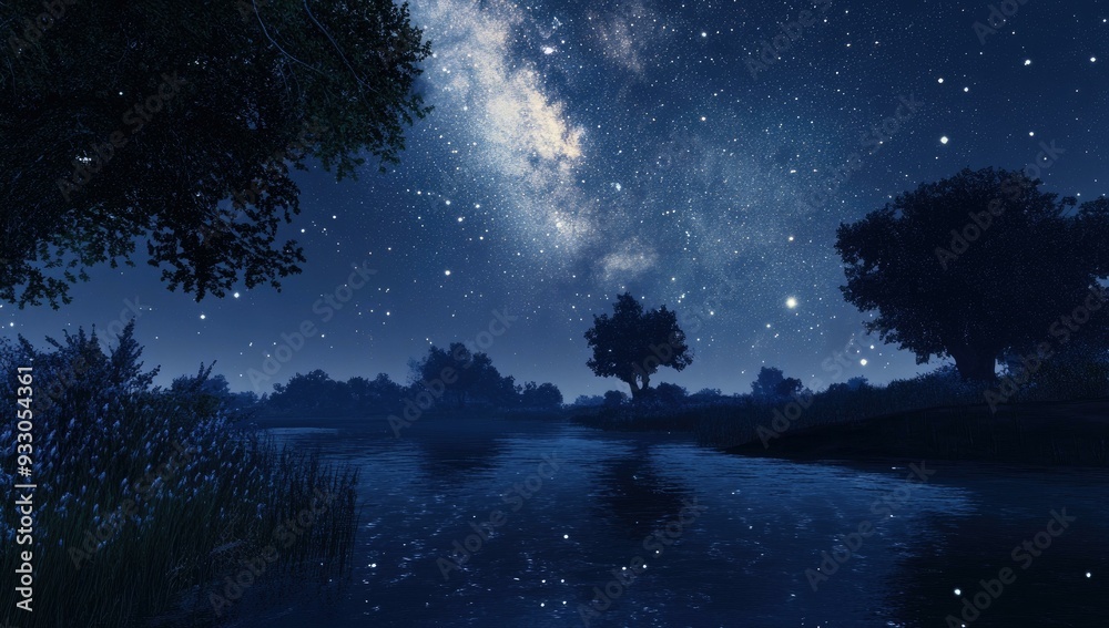 Fototapeta premium Silhouetted trees by a lake under a starry sky.