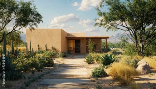 A desert home with a stone path and lush plants. photo