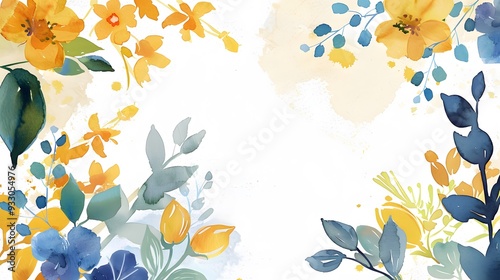 Yellow blue green flower white background, floral petals card frame photo