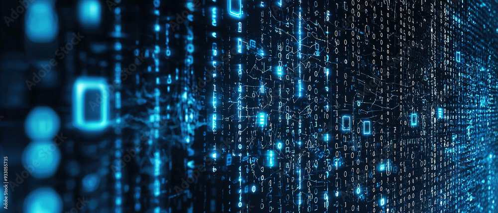a dark blue background, tech, binary code, cybersecurity,