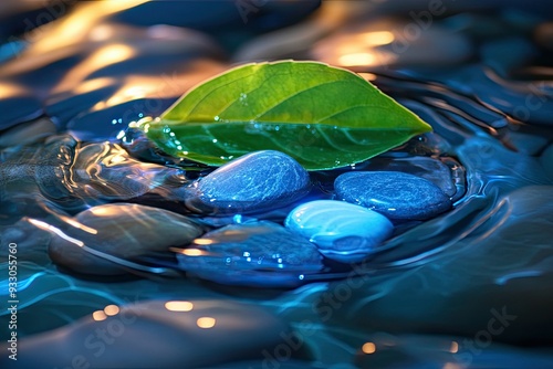 pile of glowing zenstone and a green leaf in clear water with circle wave  photo