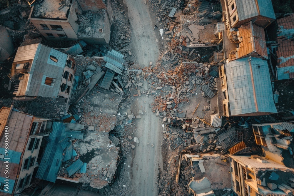 Aerial View of Earthquake-Affected Urban Area - Destruction, Rubble, and Devastation - Stock Photo for Emergency Response and Disaster Recovery Aerial View of Earthquake-Affected Urban Area - Destruction, Rubble, and Devastation - Stock Photo for Emergency Response and Disaster Recovery