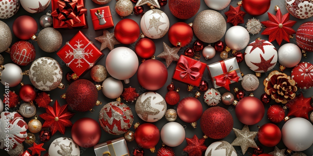A vibrant arrangement of Christmas ornaments in red, gold, and silver colors, perfect for holiday-themed designs and decorations. A vibrant arrangement of Christmas ornaments in red, gold, and silver colors, perfect for holiday-themed designs and decorations.